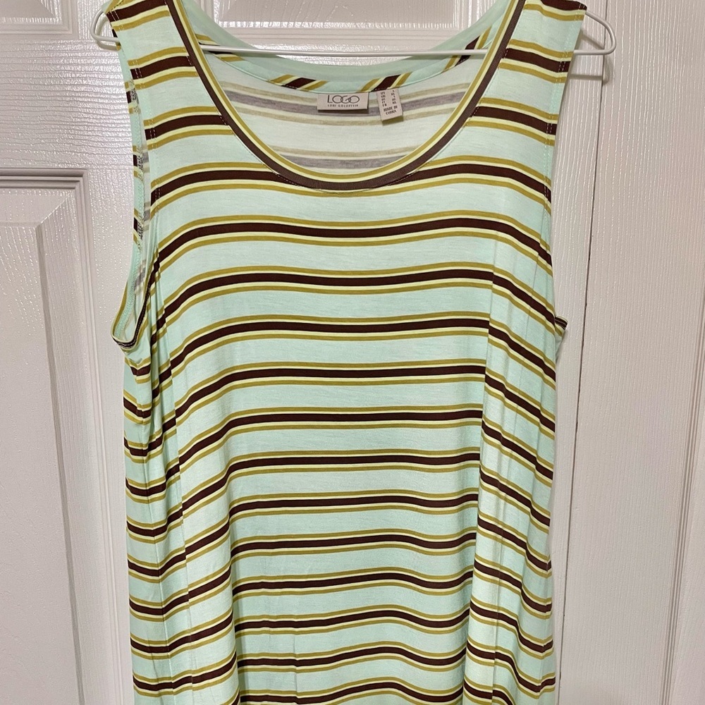 LOGO Women’s size L Rayon Spandex tunic with green brown white and gold stripes